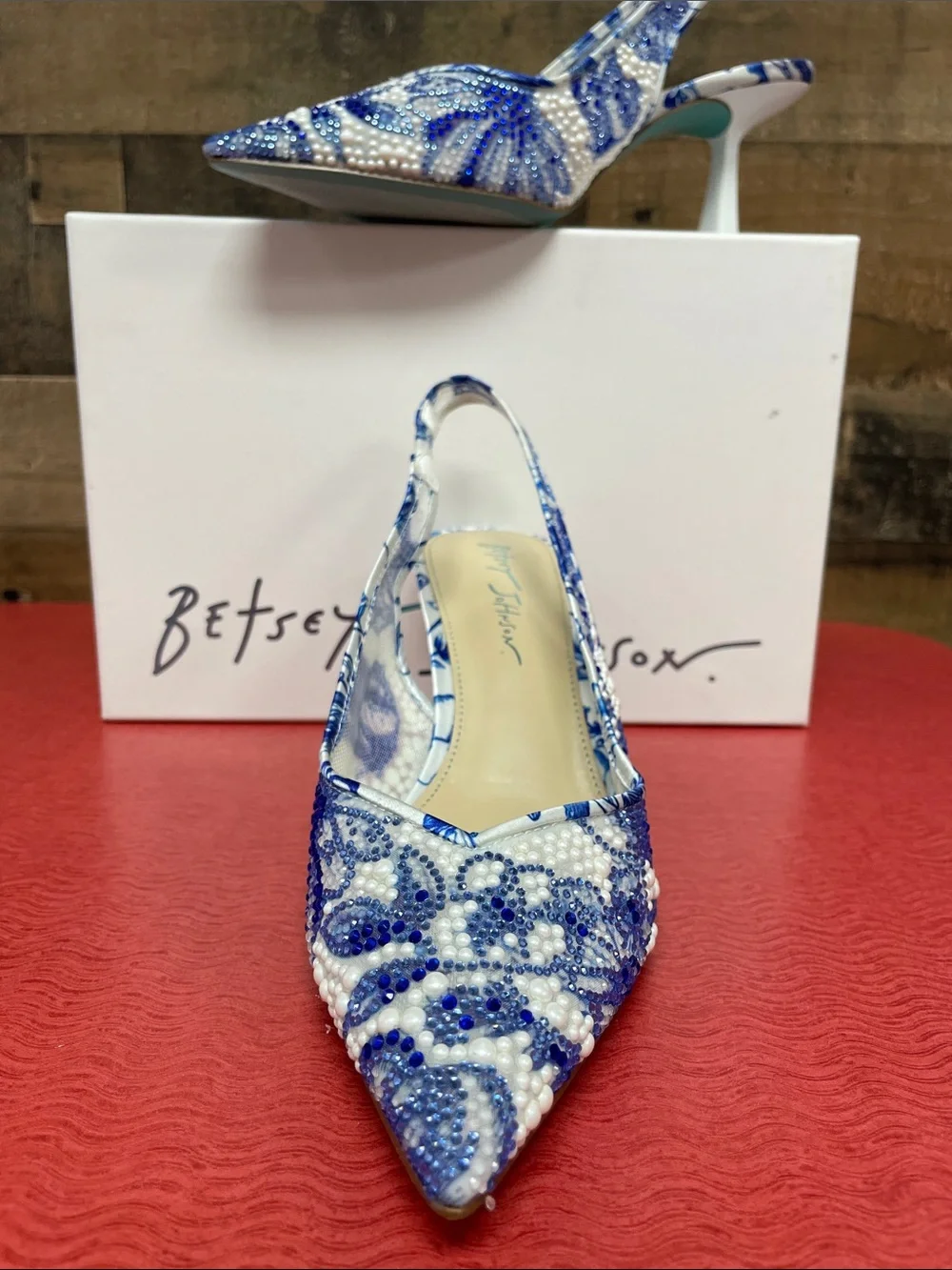 Betsey Johnson Blue and White Beaded Slingback Heels - Picture 2 of 5